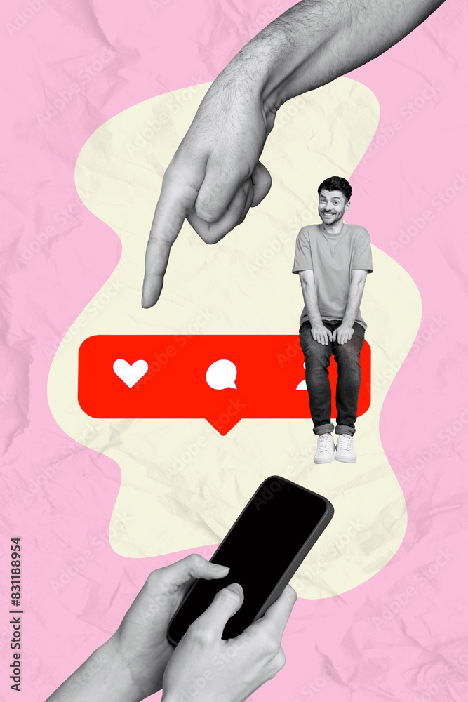 Poster vertical picture collage sitting man blogging notification panel like comment user smartphone virtua