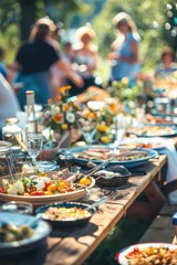 Food outside on tables in the garden. Selective focus.