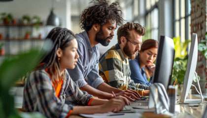 a  of a group of software testers conducting a usability test, with one person observing and taking notes while others interact with the software, multiracial, Teamwo