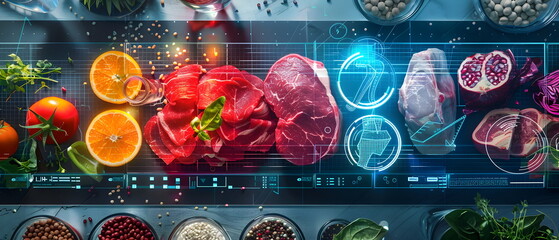 the use of artificial intelligence in industry in the concept of controlling the packaging of food or an organic vegetable or snacks put in product, Scans into a hologram