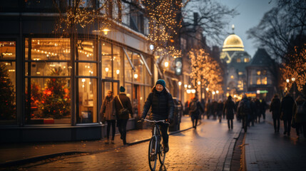 An atmospheric evening shot of a cyclist on an urban street with festive lights and architecture