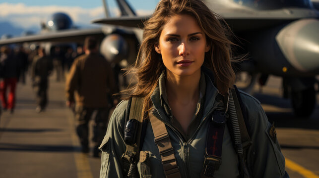 An attractive female pilot with a charismatic look stands in front of a military fighter jet with a busy airfield in the background