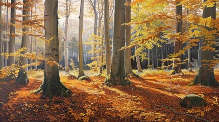 Autumnal Scene with Beech Trees and Yellow Leaves