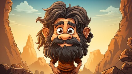 A high-quality image of a cartoon caveman with a bewildered look in a rocky desert setting