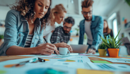 Fototapeta premium a close-up image of a group of employees in a modern open-plan office, gathered around a desk and engaged in a brainstorming session, Teamwork, Group Of People, Business Person, Bu