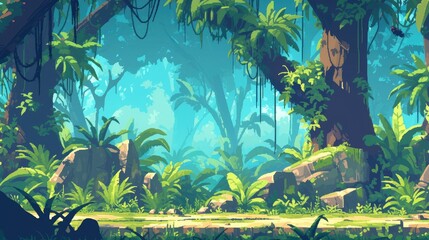Immerse yourself in the lush setting of a jungle or rainforest complete with a vibrant tropical forest as a backdrop in a 2D game interface featuring a captivating parallax effect Behold a p