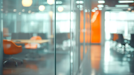 Blurred image of office building View inside the blurred background to the reception hall. Modern, luxurious white room space and the glass wall windows of the building