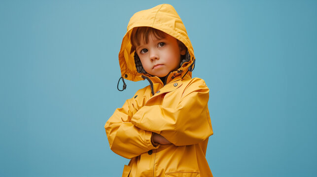 kid clothing yellow rain coat pose like presentor of brand advertising.