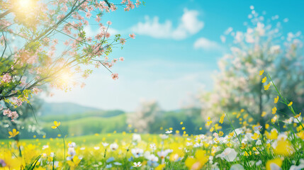 Obraz premium Branches of blooming flowering plants on natural blurred background, outdoor sunlight in summer. Spring flowers in the sunlight Close-up of copy space