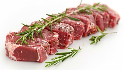 Fresh raw beef steaks seasoned with rosemary and salt on white background