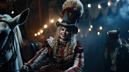 A circus performer dressed in a colorful period costume smiles radiantly while riding a white horse during a show