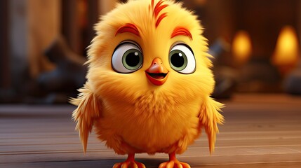 A whimsical depiction of a yellow animated chick with big expressive eyes in a cozy indoor setting