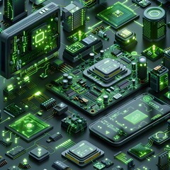 Fototapeta premium A green circuit board close-up with chips, likely a computer motherboard