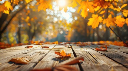 Wooden table in the autumn park. Selective focus.