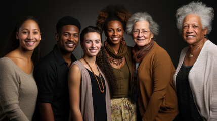 Obraz premium A warmly lit studio family portrait showing diversity among smiling members