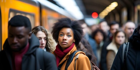 Hustling Commuters in a Busy Subway Station During Rush Hour. Concept Subway Station, Rush Hour, Commuters, Busy, Hustling