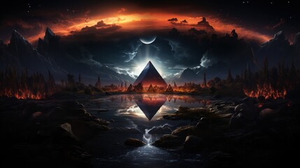 An epic digital artwork of a mystical landscape featuring a triangular portal and a lunar eclipse