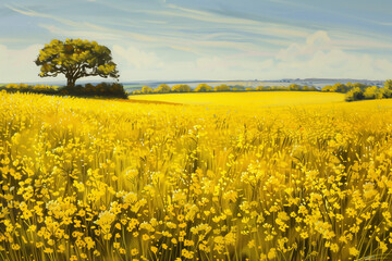Delicate brushstrokes of rapeseed flower landscape oil painting art illustration on canvas wall art