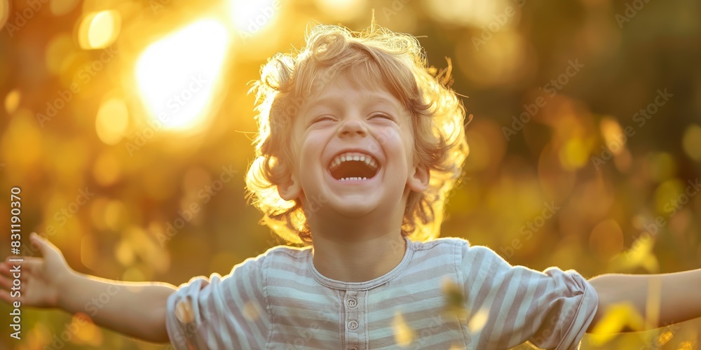 Wall mural A joyful young boy laughs, arms outstretched in a sunny meadow