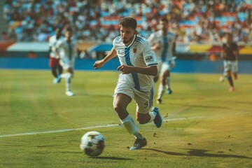 Obraz premium soccer or football player dribbling ball seriously about to winning the game