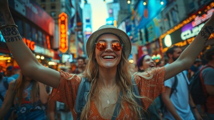 Obraz premium woman with tattoo in the city laughing, fun