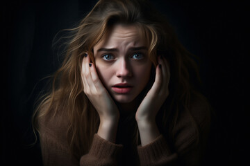 A distressed young woman holding her face, showing an expression of concern