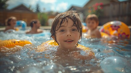 boy playing in the pool with his friends