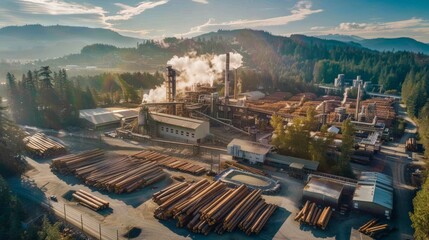 Fototapeta premium Drone photograph of a sprawling paper mill, logs being processed in an outdoor facility, emphasizing environmental impact