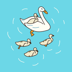 Mother goose with little ducklings swim in lake or pond. White swan with children. Cute duckling sits on mothers back. Agriculture, poultry breeding. Colorful vector illustration hand drawn