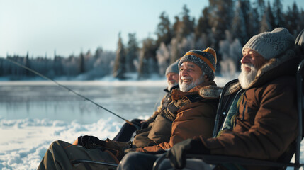 Two elderly men ice fishing and smiling in winter.
