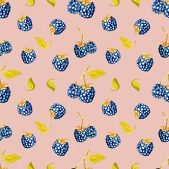 Summer blackberries, seamless pattern. Hand-drawn, watercolor painting. High resolution pattern on a colored background. Suitable for wallpaper, background, packaging, fabrics, etc.