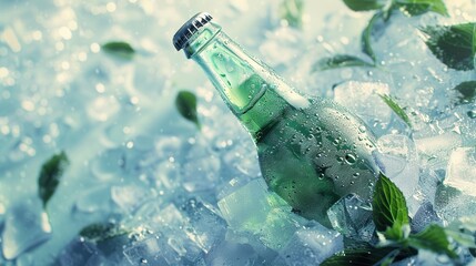 Title,Refreshing Beer Bottle on Ice with Fresh Mint Leaves, Top View Summer Vibes