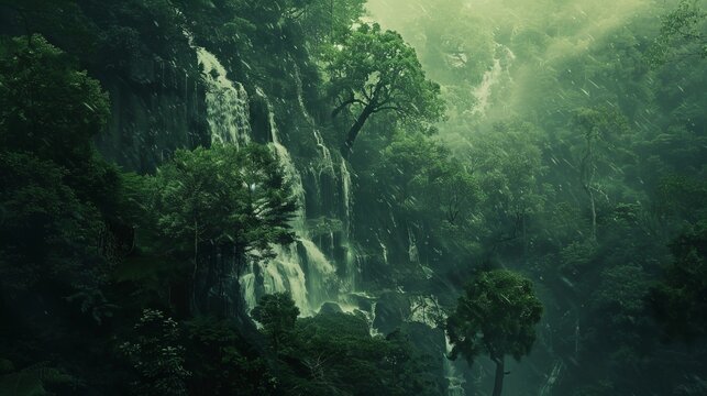 Wide shot of a lush forest with a majestic waterfall cascading into a serene cave, harmonious blend of natural elements, sense of wonder and tranquility.