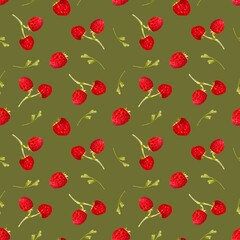 Summer strawberries, seamless pattern. Hand-drawn, watercolor painting. High resolution pattern on a colored background. Suitable for wallpaper, background, packaging, fabrics, etc.