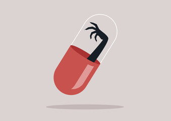A black monstrous hand with clawed fingers reaches out from inside a red and clear pill capsule, creating an eerie and surreal visual on a plain beige backdrop