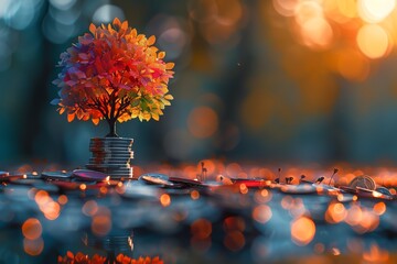 A colorful tree grows from a stack of coins, symbolizing growth and financial prosperity.  Photographed with a blurred background of autumn leaves.