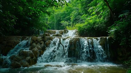 Wide shot of a lush forest with a majestic waterfall cascading into a serene cave, harmonious blend of natural elements, sense of wonder and tranquility.