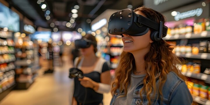 Customers in VR headsets explore a store while a woman tries out virtual reality. Concept Virtual Reality, Shopping Experience, Technology, Customer Interaction, Store Exploration