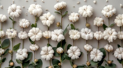 Cut flower for design, layout, template. Cotton plants, dry buds. Isolated on light gray background. White fluffy fluffy cotton. Isolated flowers for design, layout, template.