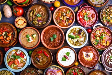 Assorted homemade soups in colorful bowls on rustic table