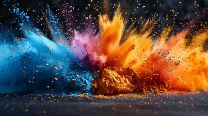 An explosion of colorful paint powder on a holi festival background.