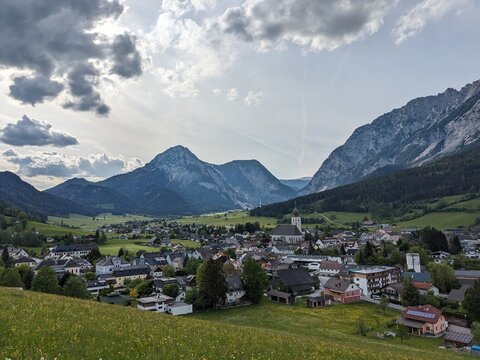 Grobming town located under Mount Stoderzinken (Grobming in the Enns Valley),Austrian Alps mountains, Salzkammergut, Styria, Austria, Europe