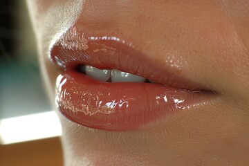 Glossy red lips close-up in high detail