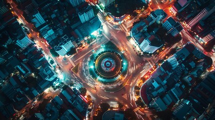 Aerial view Road roundabout with car lots Wongwian Yai in Bangkok,Thailand.street large beautiful downtown at night.cityscape.Top view