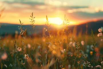 Summer meadow at sunset with field plants, countryside seasonal landscape with sun shining