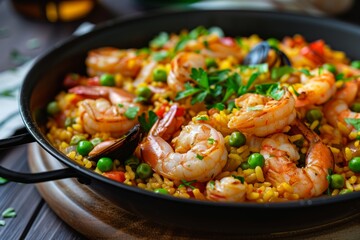 Succulent shrimp paella in a pan with colorful vegetables and herbs - Powered by Adobe