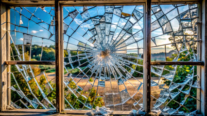 Broken window with scenic background. Generative ai