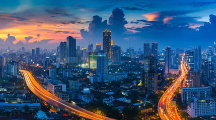 Bangkok Cityscape Expressway and Highway top view at night, Thailand