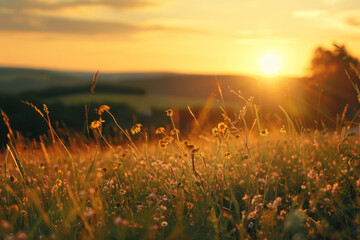 Summer meadow at sunset with field plants, countryside seasonal landscape with sun shining