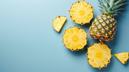 Fresh pineapple slices on a vibrant blue background